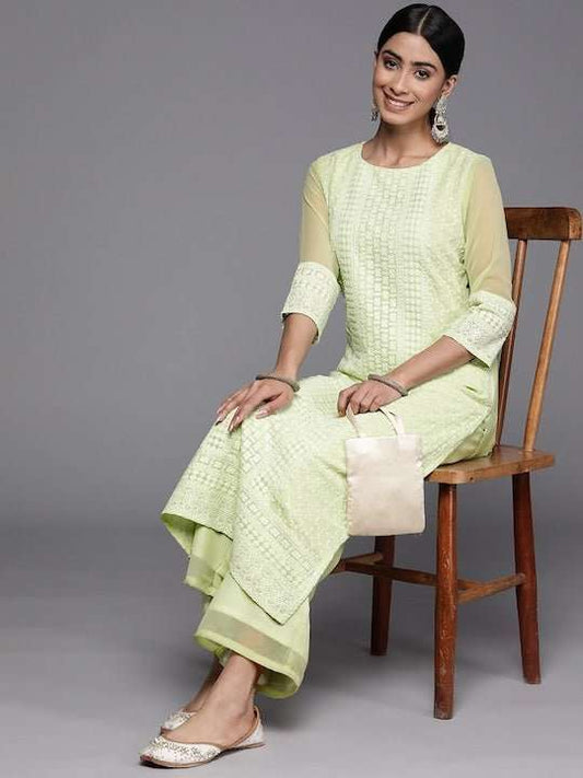 Floral Embroidered Chikankari Kurta with Palazzos - Inddus.com