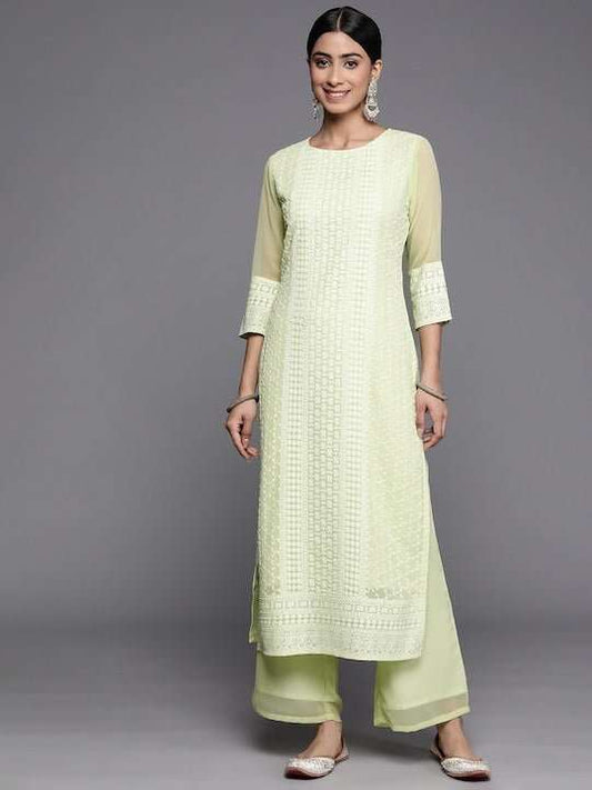 Floral Embroidered Chikankari Kurta with Palazzos - Inddus.com
