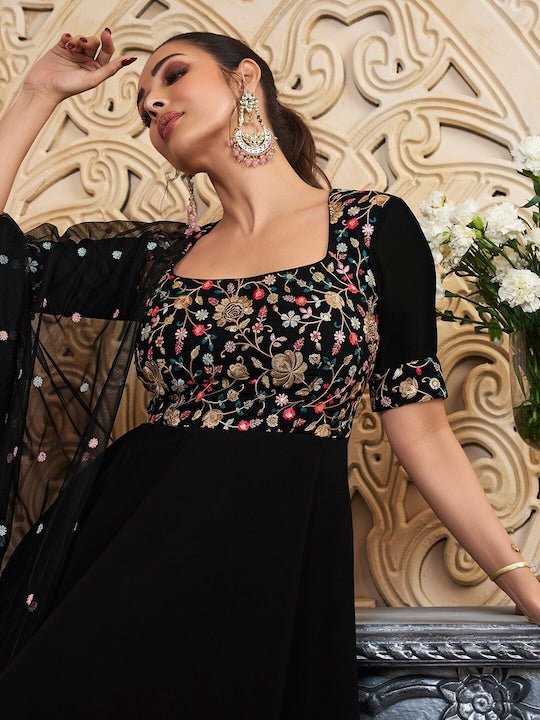 Floral Embroidered Fit & Flare Maxi Ethnic Dress With Dupatta - Inddus.com