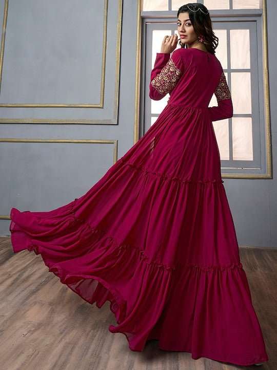 Floral Embroidered Gathered Detail Tiered Fit & Flare Ethnic Maxi Dress - Inddus.com