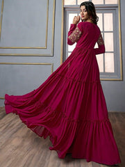Floral Embroidered Gathered Detail Tiered Fit & Flare Ethnic Maxi Dress - Inddus.com