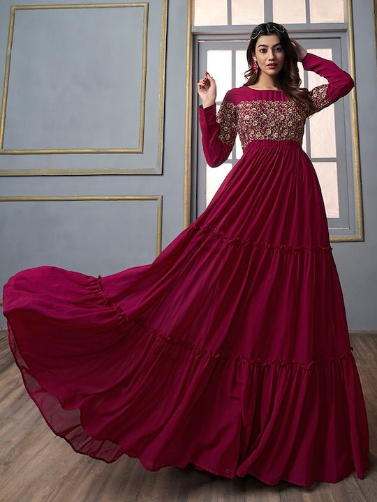 Floral Embroidered Gathered Detail Tiered Fit & Flare Ethnic Maxi Dress - Inddus.com