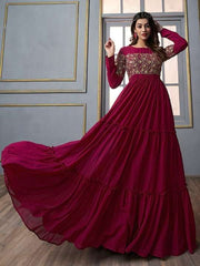 Floral Embroidered Gathered Detail Tiered Fit & Flare Ethnic Maxi Dress - Inddus.com