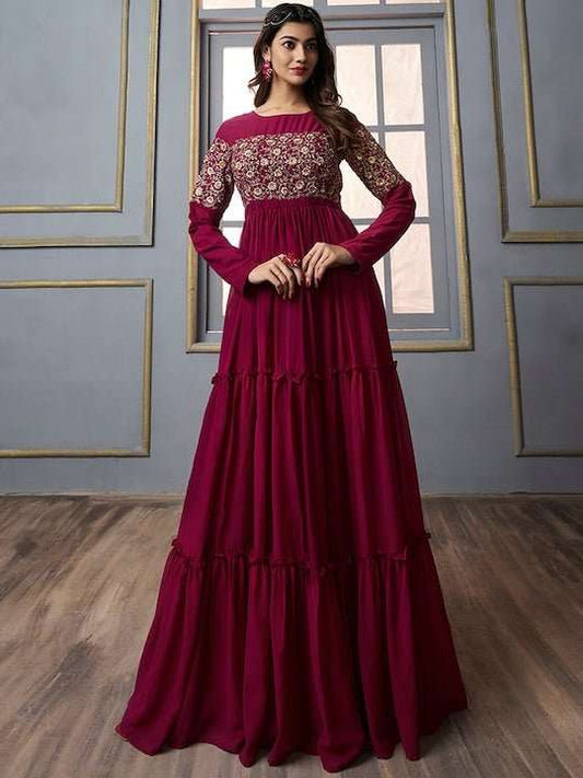 Floral Embroidered Gathered Detail Tiered Fit & Flare Ethnic Maxi Dress - Inddus.com