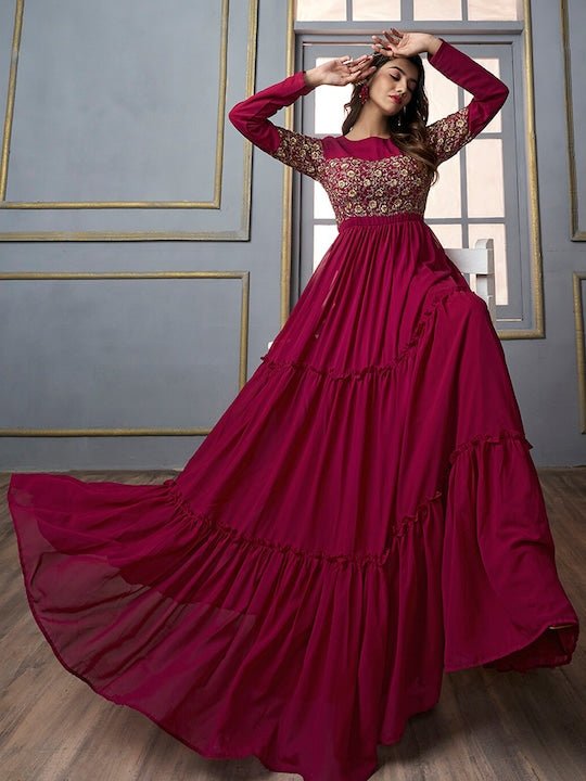 Floral Embroidered Gathered Detail Tiered Fit & Flare Ethnic Maxi Dress - Inddus.com