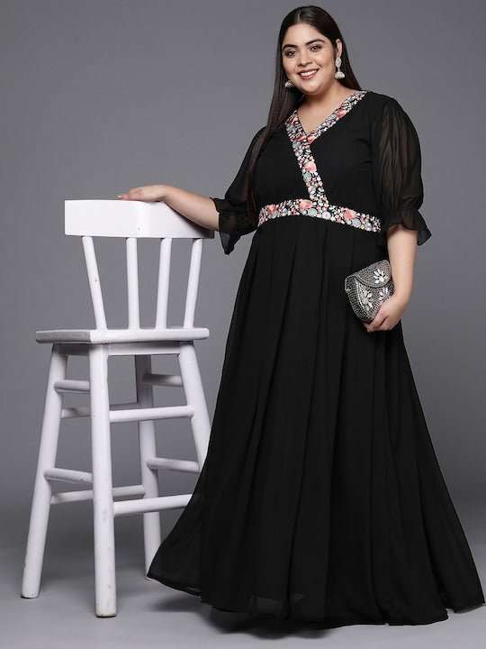 Floral Embroidered Georgette Plus Size Maxi Dress Floral Embroidered Georgette Plus Size Maxi Dress