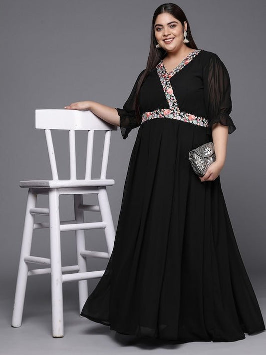Floral Embroidered Georgette Plus Size Maxi Dress - Inddus.com