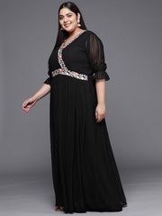 Floral Embroidered Georgette Plus Size Maxi Dress - Inddus.com