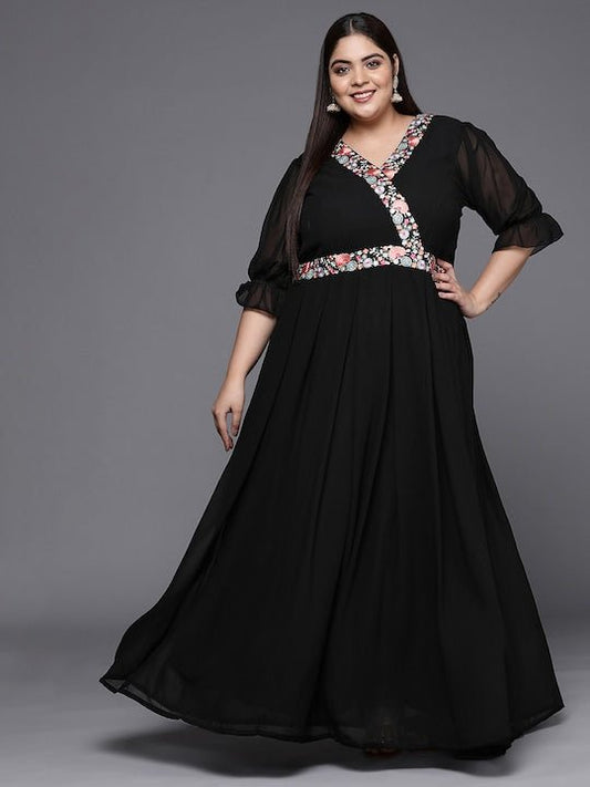 Floral Embroidered Georgette Plus Size Maxi Dress - Inddus.com