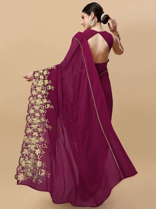 Floral Embroidered Gotta Patti Detail Saree - Inddus.com