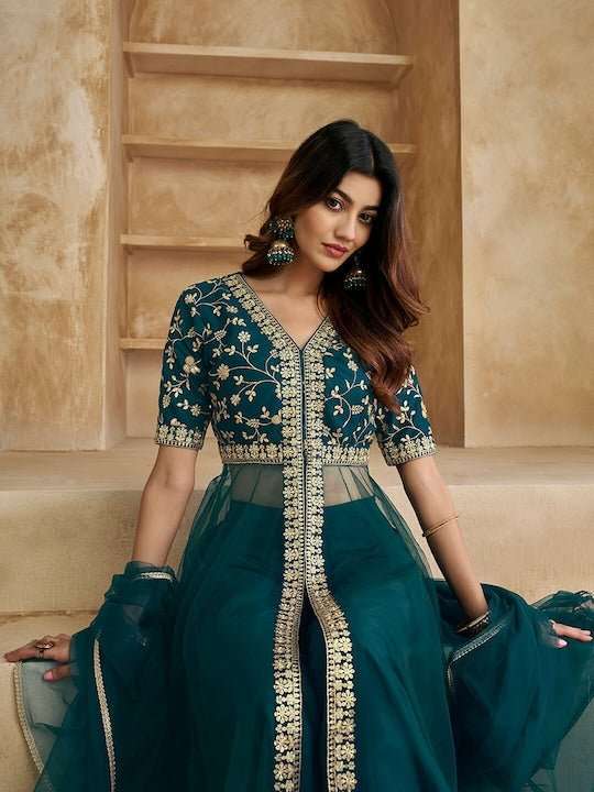 Floral Embroidered High Slit Kurta With Palazzos & With Dupatta - Inddus.com