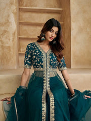 Floral Embroidered High Slit Kurta With Palazzos & With Dupatta - Inddus.com