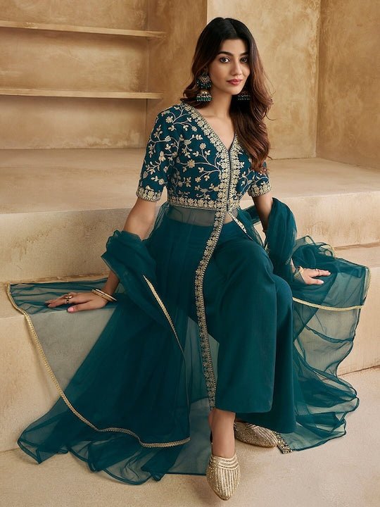 Floral Embroidered High Slit Kurta With Palazzos & With Dupatta - Inddus.com