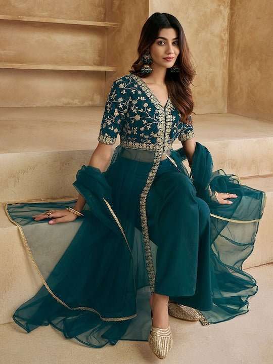 Floral Embroidered High Slit Kurta With Palazzos & With Dupatta - Inddus.com