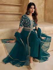 Floral Embroidered High Slit Kurta With Palazzos & With Dupatta - Inddus.com