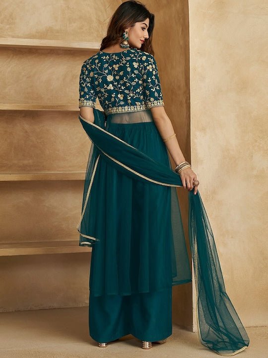 Floral Embroidered High Slit Kurta With Palazzos & With Dupatta - Inddus.com