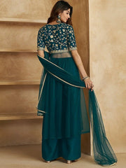 Floral Embroidered High Slit Kurta With Palazzos & With Dupatta - Inddus.com