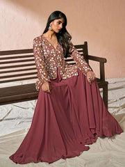 Floral Embroidered High Slit Sequinned A-Line Kurta with Palazzos - Inddus.com