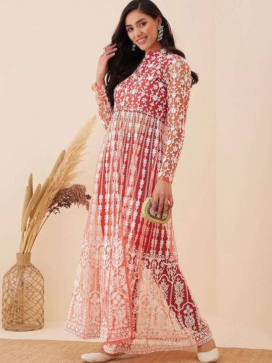 Floral Embroidered High Slit Thread Work Kurta with Trousers - Inddus.com