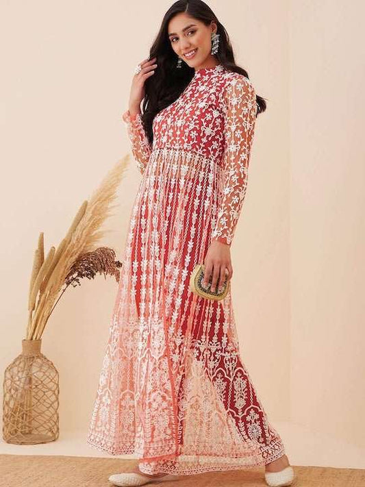 Floral Embroidered High Slit Thread Work Kurta with Trousers - Inddus.com