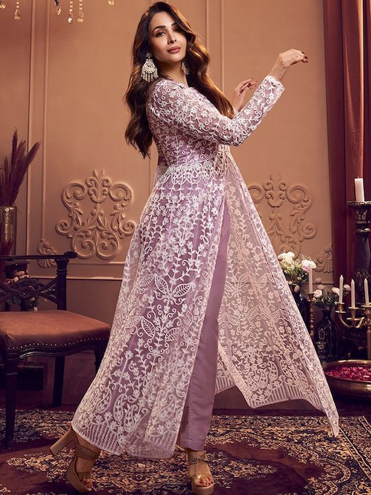 Floral Embroidered Keyhole Neck Long Sleeve High Slit Thread Work Kurta Set - Inddus.com