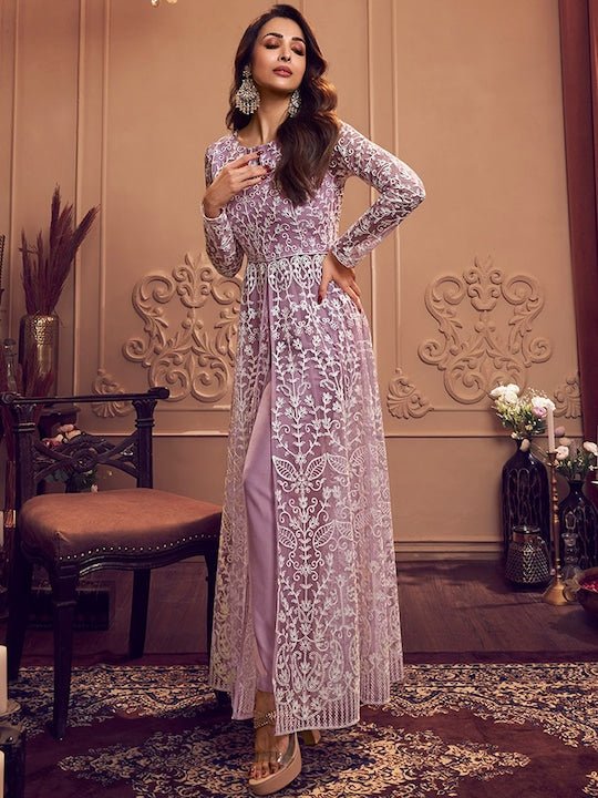 Floral Embroidered Keyhole Neck Long Sleeve High Slit Thread Work Kurta Set - Inddus.com