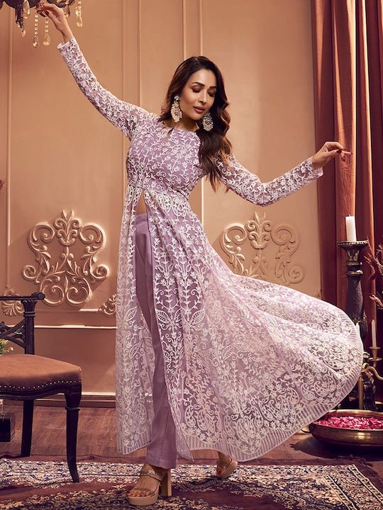 Floral Embroidered Keyhole Neck Long Sleeve High Slit Thread Work Kurta Set - Inddus.com