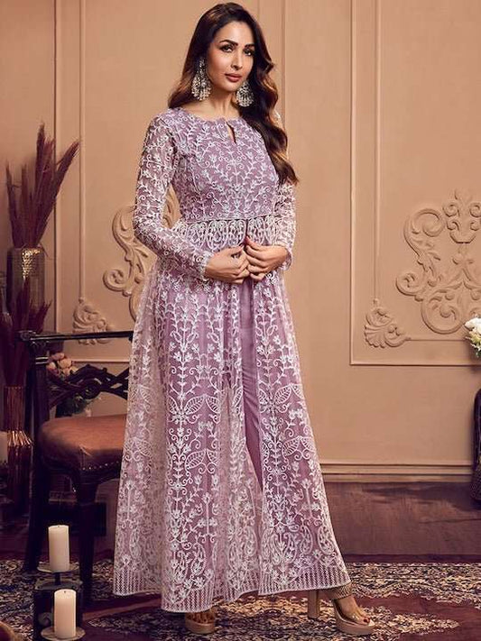 Floral Embroidered Keyhole Neck Long Sleeve High Slit Thread Work Kurta Set - Inddus.com