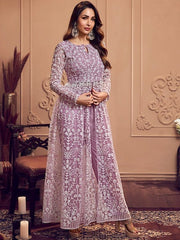 Floral Embroidered Keyhole Neck Long Sleeve High Slit Thread Work Kurta Set - Inddus.com