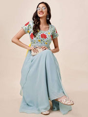 Floral Embroidered Lace Inserted Georgette A-Line Ethnic Dresses - Inddus.com