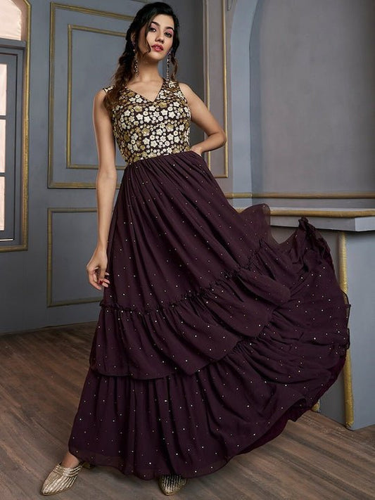 Floral Embroidered Layered Fit & Flare Maxi Ethnic Dress - Inddus.com