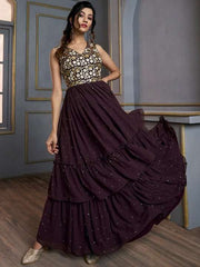 Floral Embroidered Layered Fit & Flare Maxi Ethnic Dress - Inddus.com