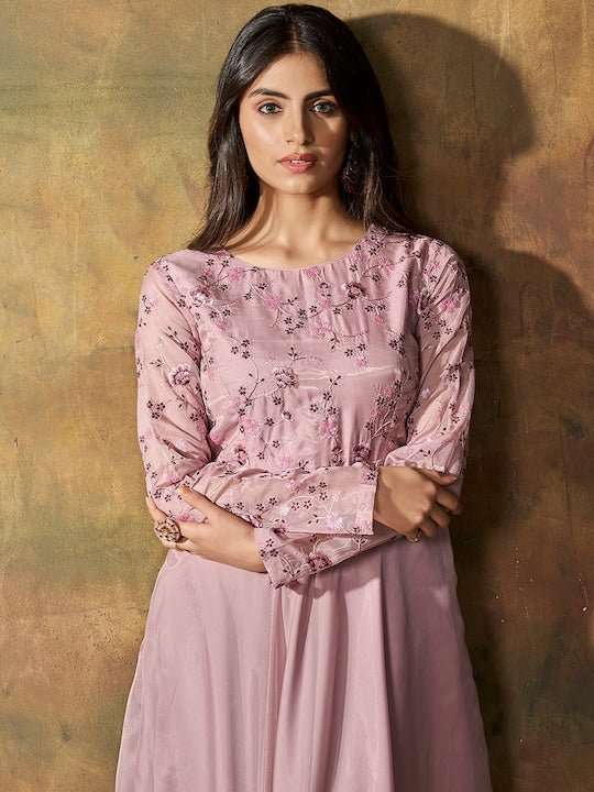 Floral Embroidered Maxi Ethnic Dress - Inddus.com