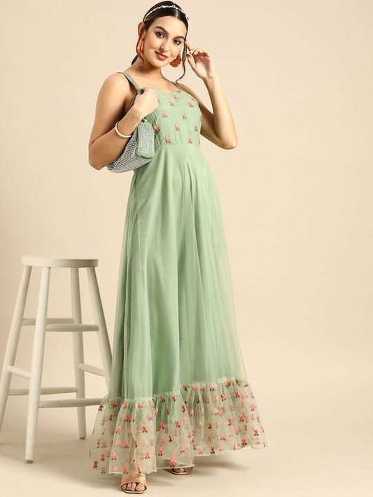 Floral Embroidered Net Maxi Ethnic Dress - Inddus.com