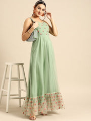 Floral Embroidered Net Maxi Ethnic Dress - Inddus.com