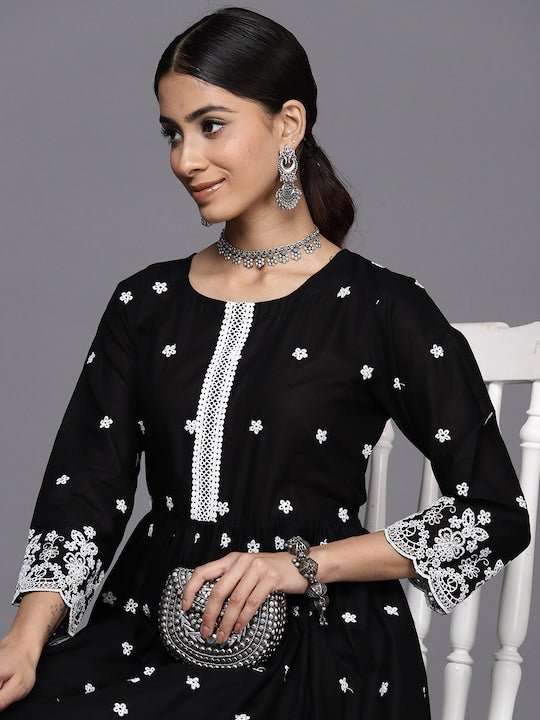 Floral Embroidered Pleated Chikankari Kurta with Palazzos - Inddus.com