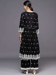Floral Embroidered Pleated Chikankari Kurta with Palazzos - Inddus.com