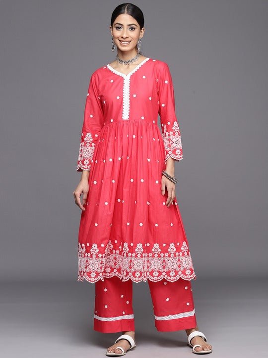Floral Embroidered Pleated Chikankari Kurta with Palazzos - Inddus.com