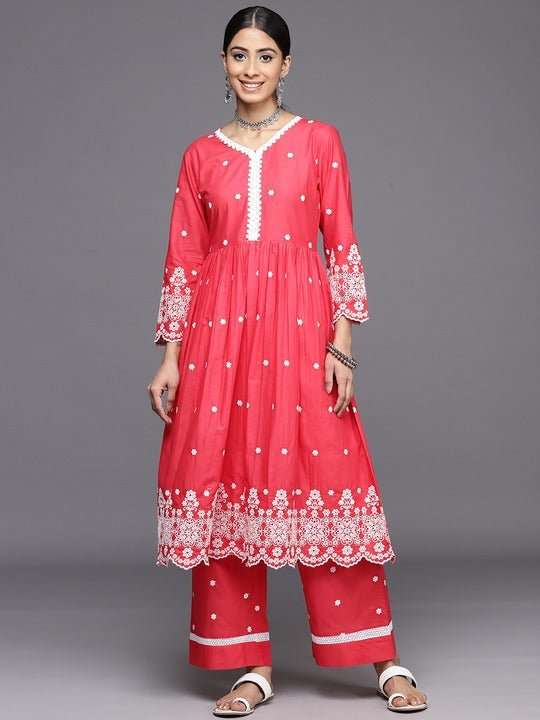 Floral Embroidered Pleated Chikankari Kurta with Palazzos - Inddus.com