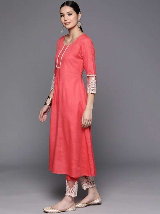 Floral Embroidered Pleated Thread Work Kurta With Trousers & Dupatta - Inddus.com