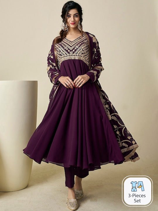 Floral Embroidered Pleated V-Neck Thread Work Kurta with Trousers & With Dupatta - Inddus.com