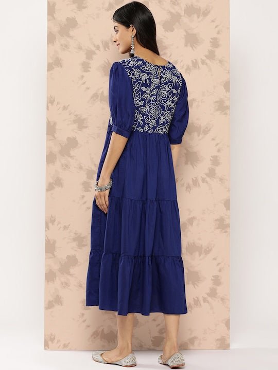 Floral Embroidered Puff Sleeves Midi Ethnic Dress - Inddus.com