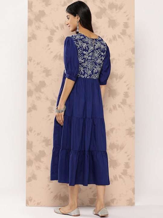 Floral Embroidered Puff Sleeves Midi Ethnic Dress - Inddus.com