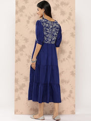 Floral Embroidered Puff Sleeves Midi Ethnic Dress - Inddus.com