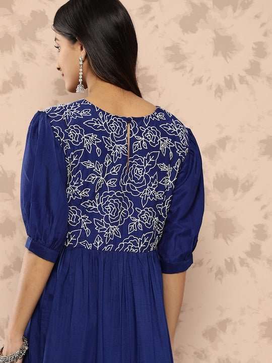 Floral Embroidered Puff Sleeves Midi Ethnic Dress - Inddus.com