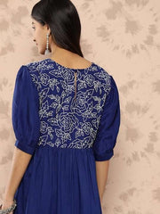 Floral Embroidered Puff Sleeves Midi Ethnic Dress - Inddus.com