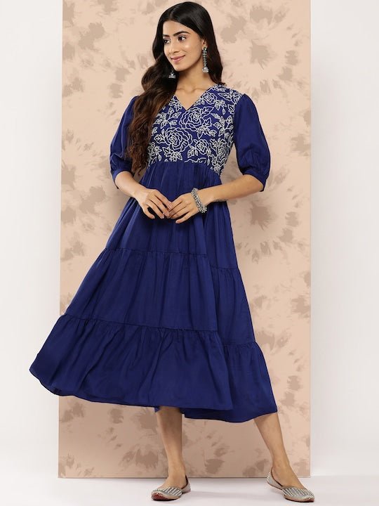 Floral Embroidered Puff Sleeves Midi Ethnic Dress - Inddus.com