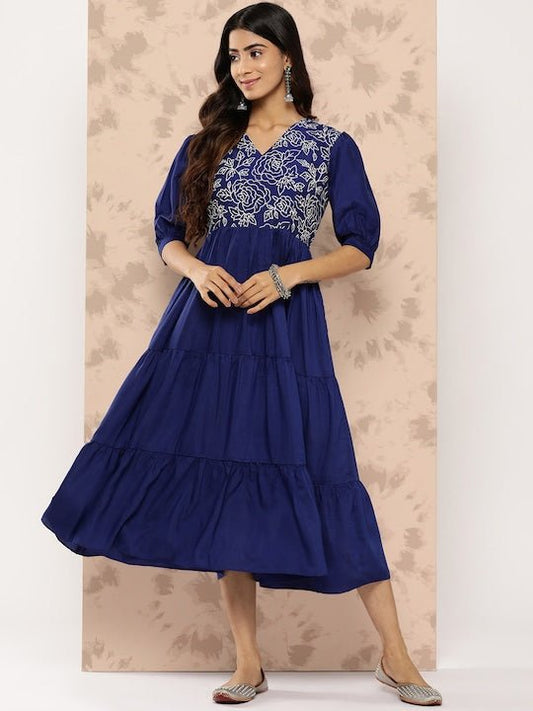 Floral Embroidered Puff Sleeves Midi Ethnic Dress - Inddus.com