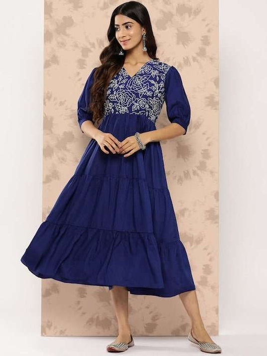 Floral Embroidered Puff Sleeves Midi Ethnic Dress - Inddus.com