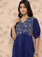 Floral Embroidered Puff Sleeves Midi Ethnic Dress - Inddus.com